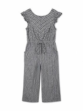 Lilt Girls 18.5 Gray Black Striped Tie Waist Ruffle Sleeve Jumpsuit Romper